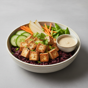 Nut-Free Tofu Purple Rice Bowl with Ginger Lime Sauce (No Cashews)