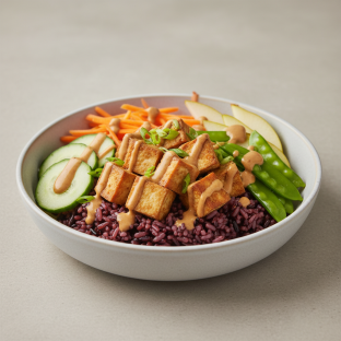 Nut-Free Tofu Purple Rice Bowl with "Peanut" Sauce (No Cashews)