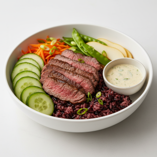 Nut-Free Wagyu Beef Purple Rice Bowl with Ginger Lime Sauce (No Cashews)
