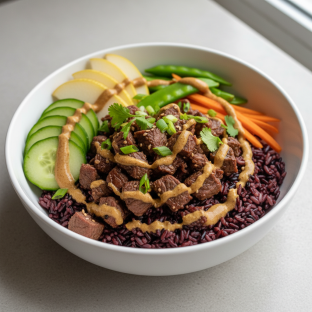 Nut-Free Wagyu Beef Purple Rice Bowl with "Peanut" Sauce (No Cashews)