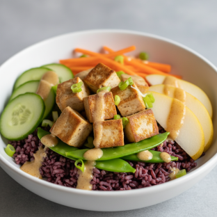 Nut-Free Tofu Purple Rice Bowl with Ginger Lime Sauce (No Cashews) Nut-Free Tofu Purple Rice Bowl with Ginger Lime Sauce (No Cashews)
