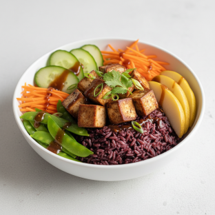 Nut-Free Tofu Purple Rice Bowl with Tamarind Sauce (No Cashews) Nut-Free Tofu Purple Rice Bowl with Tamarind Sauce (No Cashews)