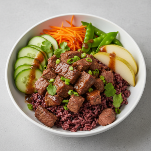 Nut-Free Wagyu Beef Purple Rice Bowl with Tamarind Sauce (No Cashews) Nut-Free Wagyu Beef Purple Rice Bowl with Tamarind Sauce (No Cashews)