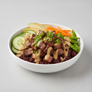 Nut-Free Wagyu Beef Purple Rice Bowl with "Peanut" Sauce (No Cashews) Nut-Free Wagyu Beef Purple Rice Bowl with "Peanut" Sauce (No Cashews)