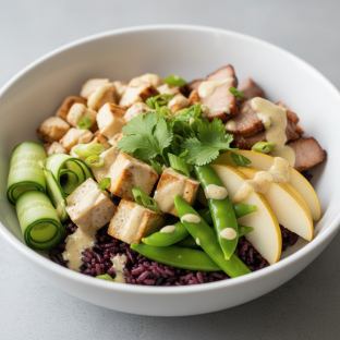 Nut-Free Protein Combo Purple Rice Bowl with Ginger Lime Sauce (No Cashews) Nut-Free Protein Combo Purple Rice Bowl with Ginger Lime Sauce (No Cashews)