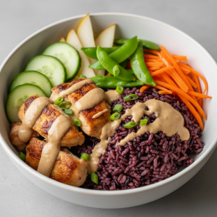 Nut-Free Chicken Purple Rice Bowl with "Peanut" Sauce (No Cashews)