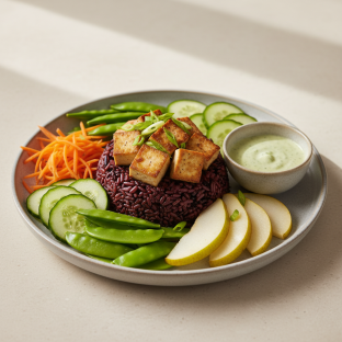 Nut-Free Tofu Purple Rice Bowl with Ginger Lime Sauce (No Cashews)