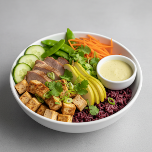 Nut-Free Protein Combo Purple Rice Bowl with Ginger Lime Sauce (No Cashews)