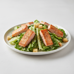 Caesar Salad with Baked Salmon Slices