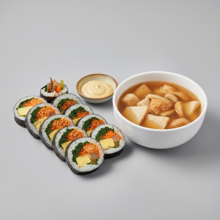 Spicy Chicken Kimbab with Fish Cake Soup Spicy Chicken Kimbab with Fish Cake Soup