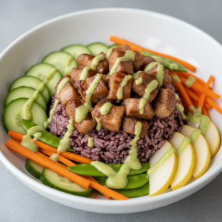 Nut-Free Pork Shoulder Purple Rice Bowl with Ginger Lime Sauce (No Cashews)