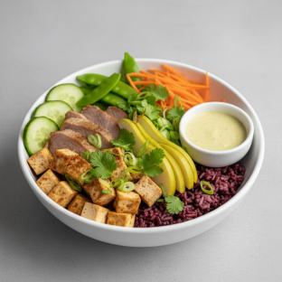Nut-Free Protein Combo Purple Rice Bowl with Ginger Lime Sauce (No Cashews)