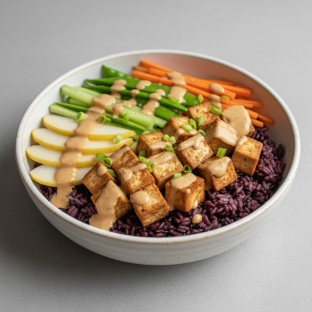 Nut-Free Tofu Purple Rice Bowl with "Peanut" Sauce (No Cashews)