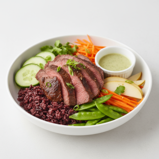 Nut-Free Wagyu Beef Purple Rice Bowl with Ginger Lime Sauce (No Cashews)