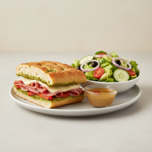 Prosciutto, Pesto & Artichoke Focaccia with Chef Salad Prosciutto, Pesto & Artichoke Focaccia with Chef Salad