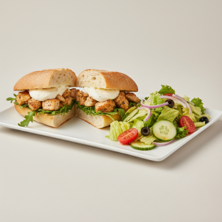Lemon Herb Chicken, Burrata & Arugula on Ciabatta with Chef Salad Lemon Herb Chicken, Burrata & Arugula on Ciabatta with Chef Salad