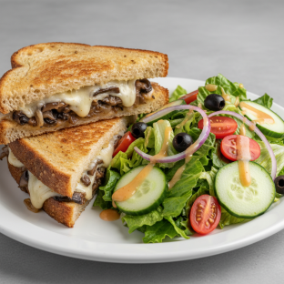 Truffle Mushroom, Gruyère & Caramelized Onion Melt with Chef Salad Truffle Mushroom, Gruyère & Caramelized Onion Melt with Chef Salad