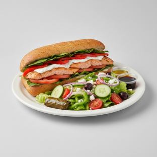 Gluten-Free Mediterranean Salmon Sandwich with Greek Salad Gluten-Free Mediterranean Salmon Sandwich with Greek Salad