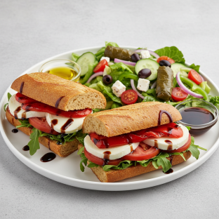 Gluten-Free Caprese Sandwich with Greek Salad Gluten-Free Caprese Sandwich with Greek Salad