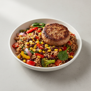 Turkey Burger and Veggie Brown Rice Bowl