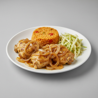 Yassa White Meat Chicken with Jollof Rice and Cabbage