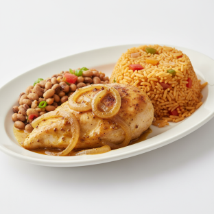 Yassa White Meat Chicken with Jollof Rice and Black-Eyed Peas