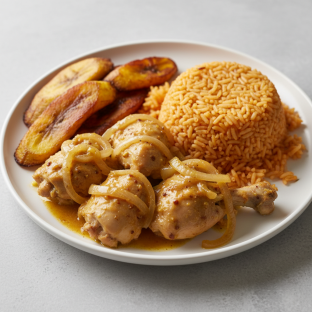 Yassa White Meat Chicken with Jollof Rice and Plantains