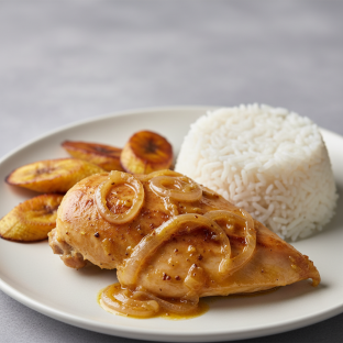 Yassa White Meat Chicken with White Rice and Plantains