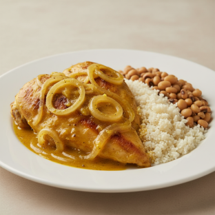 Yassa White Meat Chicken with Attieke (Cassava Couscous) and Black-Eyed Peas
