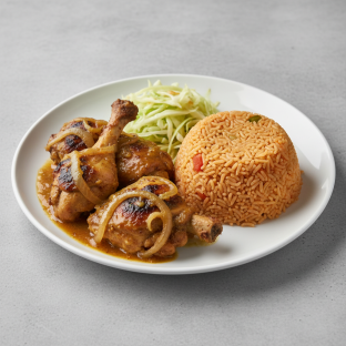 Yassa Dark Meat Chicken with Jollof Rice and Cabbage