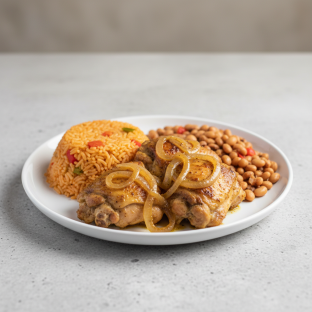 Yassa Dark Meat Chicken with Jollof Rice and Black-Eyed Peas