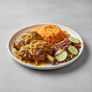 Yassa Dark Meat Chicken with Jollof Rice and Senegalese Salad