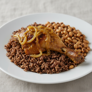 Yassa Dark Meat Chicken with Dark Rice and Black-Eyed Peas