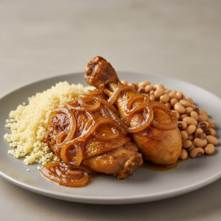 Yassa Dark Meat Chicken with Attieke (Cassava Couscous) and Black-Eyed Peas