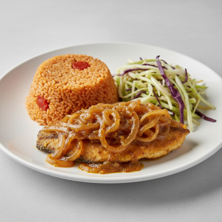 Yassa Tilapia with Jollof Rice and Cabbage
