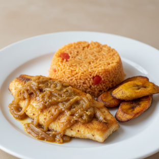 Yassa Tilapia with Jollof Rice and Plantains