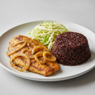 Yassa Tilapia with Dark Rice and Cabbage