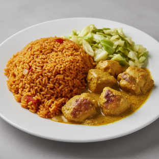 Curry Stew Chicken with Jollof Rice and Cabbage
