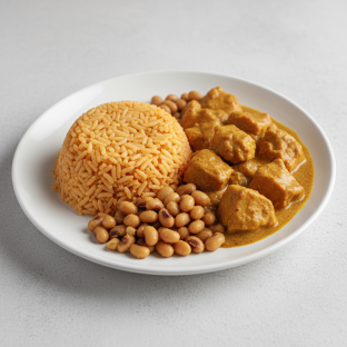 Curry Stew Chicken with Jollof Rice and Black-Eyed Peas