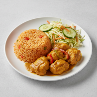Curry Stew Chicken with Jollof Rice and Senegalese Salad