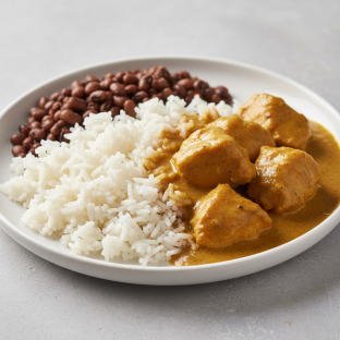 Curry Stew Chicken with White Rice and Black-Eyed Peas