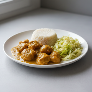 Curry Stew Chicken with Attieke (Cassava Couscous) and Cabbage