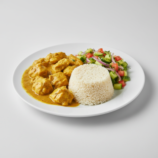 Curry Stew Chicken with Attieke (Cassava Couscous) and Senegalese Salad
