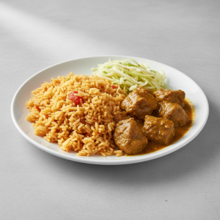 Curry Stew Lamb with Jollof Rice and Cabbage