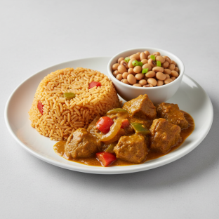 Curry Stew Lamb with Jollof Rice and Black-Eyed Peas