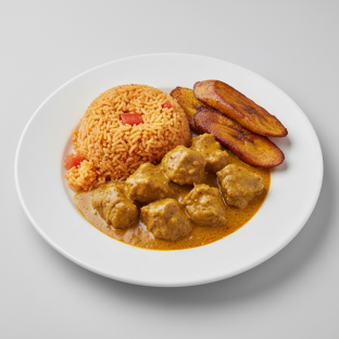 Curry Stew Lamb with Jollof Rice and Plantains
