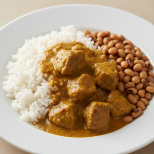 Curry Stew Lamb with White Rice and Black-Eyed Peas