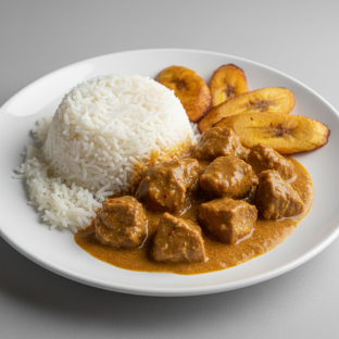 Curry Stew Lamb with White Rice and Plantains