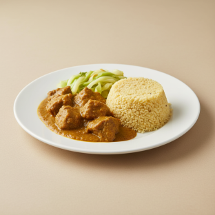 Curry Stew Lamb with Attieke (Cassava Couscous) and Cabbage
