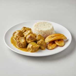 Curry Stew Lamb with Attieke (Cassava Couscous) and Plantains